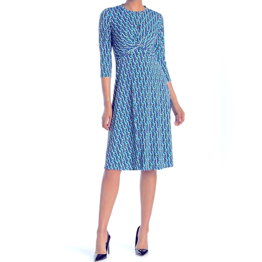 Donna Morgan blue print 3/4 sleeve knit dress; size 10